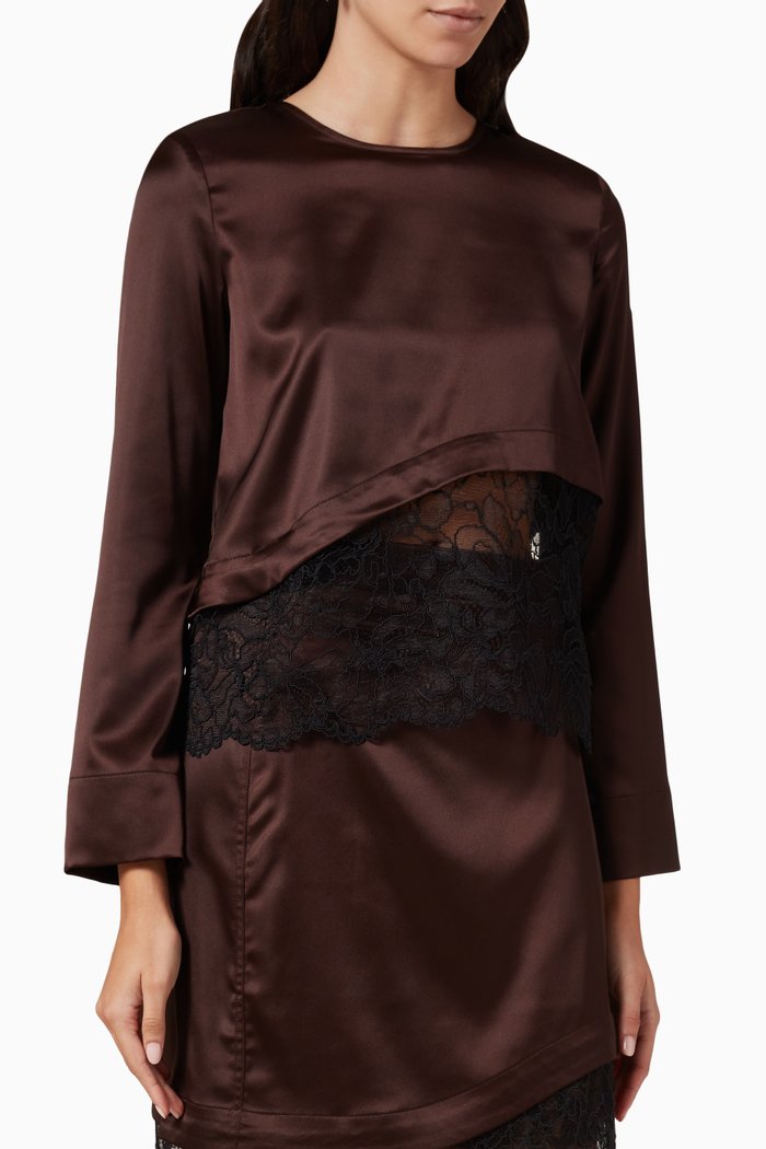 

Lace-trimmed Top in Recycled Satin, Brown