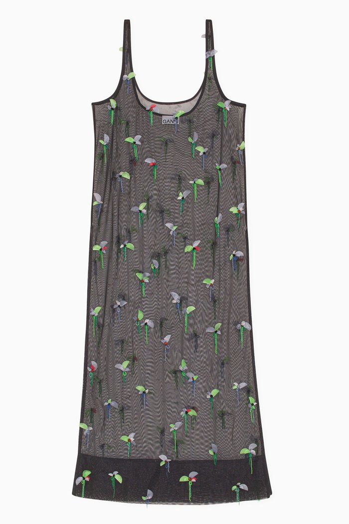 

Sheer Embellished Slip Dress in Recycled Mesh, Black
