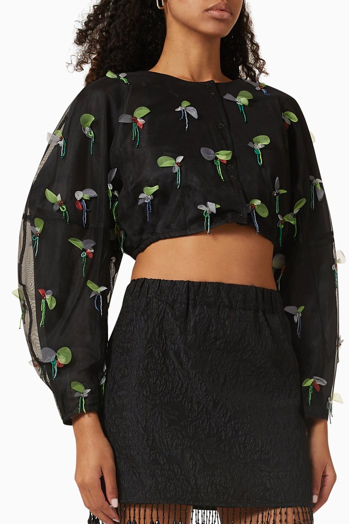 

Embellished Crop Top in Recycled Mesh, Black