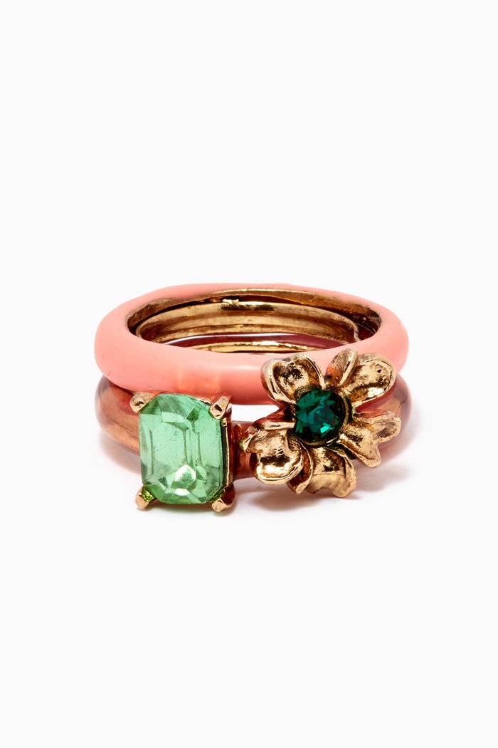 

Stackable Flower Ring Set in Brass, Pink
