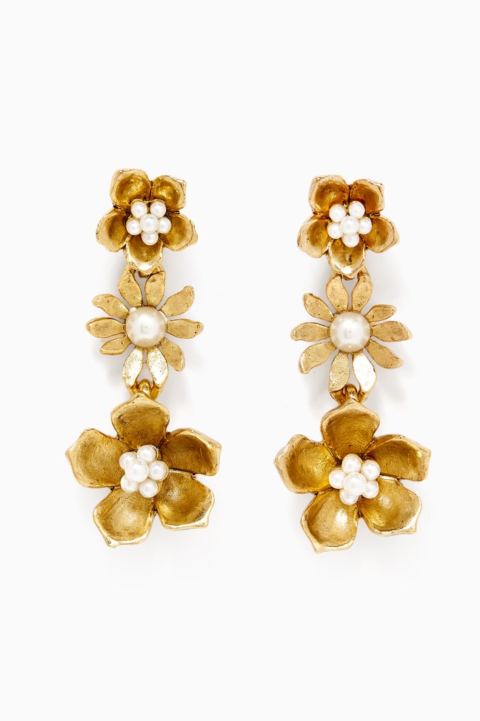 

Carryover Dangling Flower Earrings in Brass, Gold