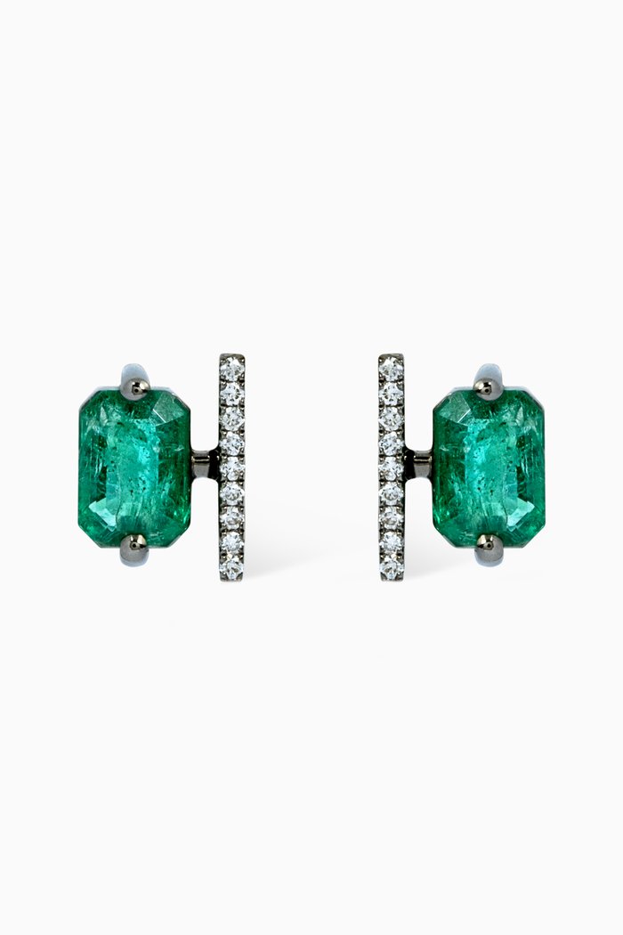 Linette Emerald & Diamond Studs in 18kt Gold, Green