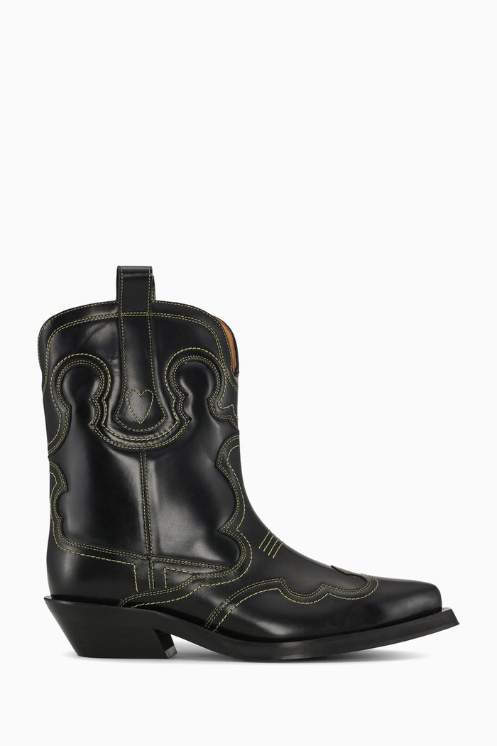 Embroidered Cowboy Ankle Boots in Leather, Black