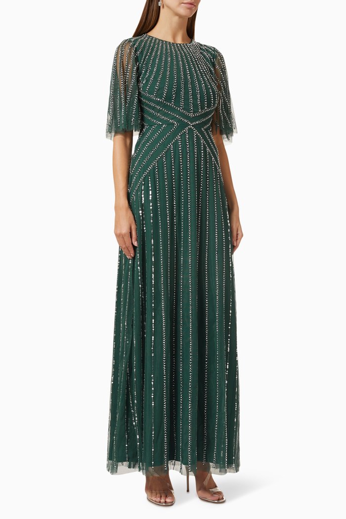 

Bead-embellished Maxi Dress in Tulle, Green