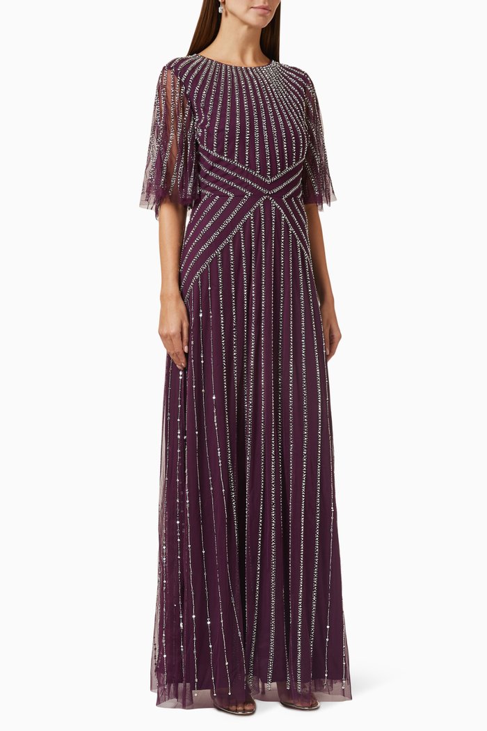 

Bead-embellished Maxi Dress in Tulle, Purple