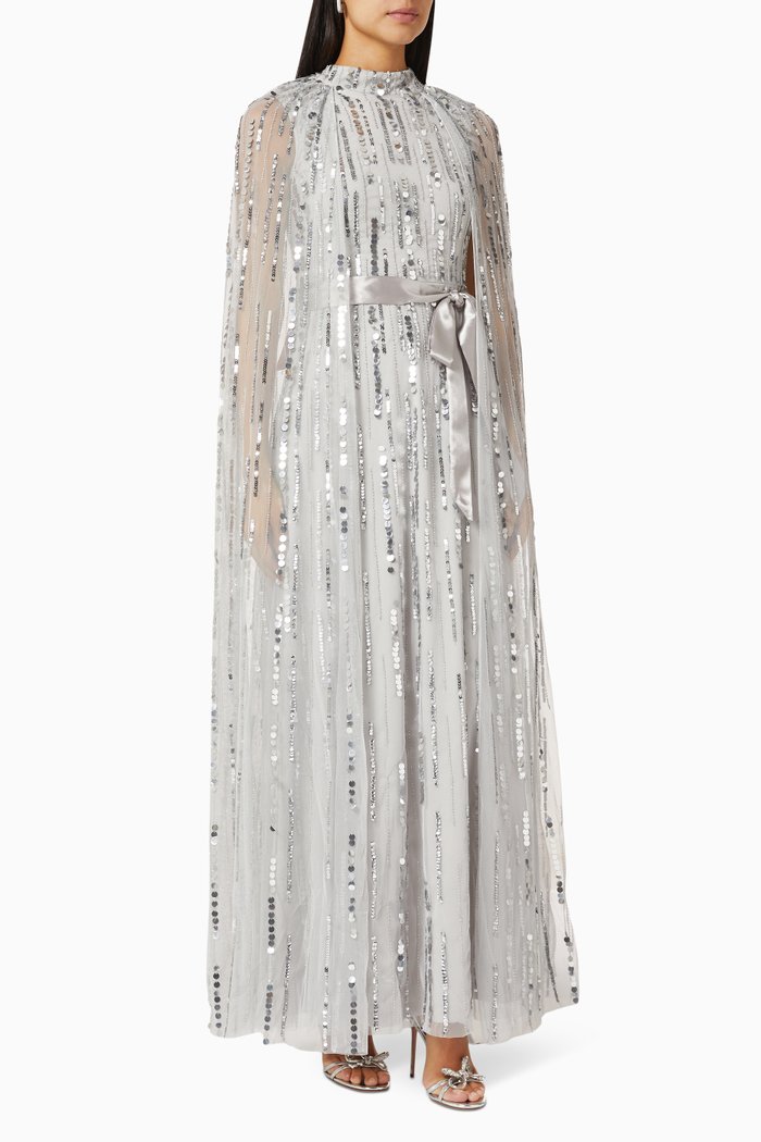 

Sequin-embellished Cape Maxi Dress in Tulle, Grey