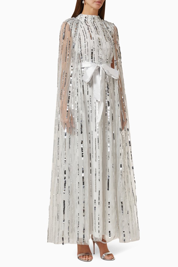 

Sequin-embellished Cape Maxi Dress in Tulle, White