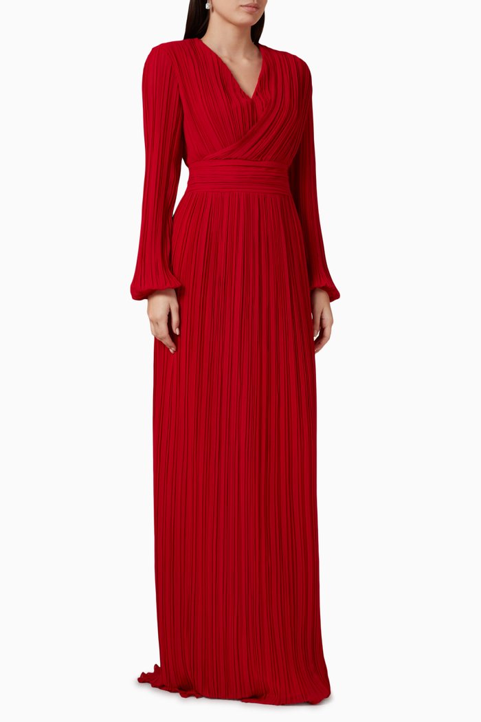 

Pleated Maxi Dress in Chiffon, Red