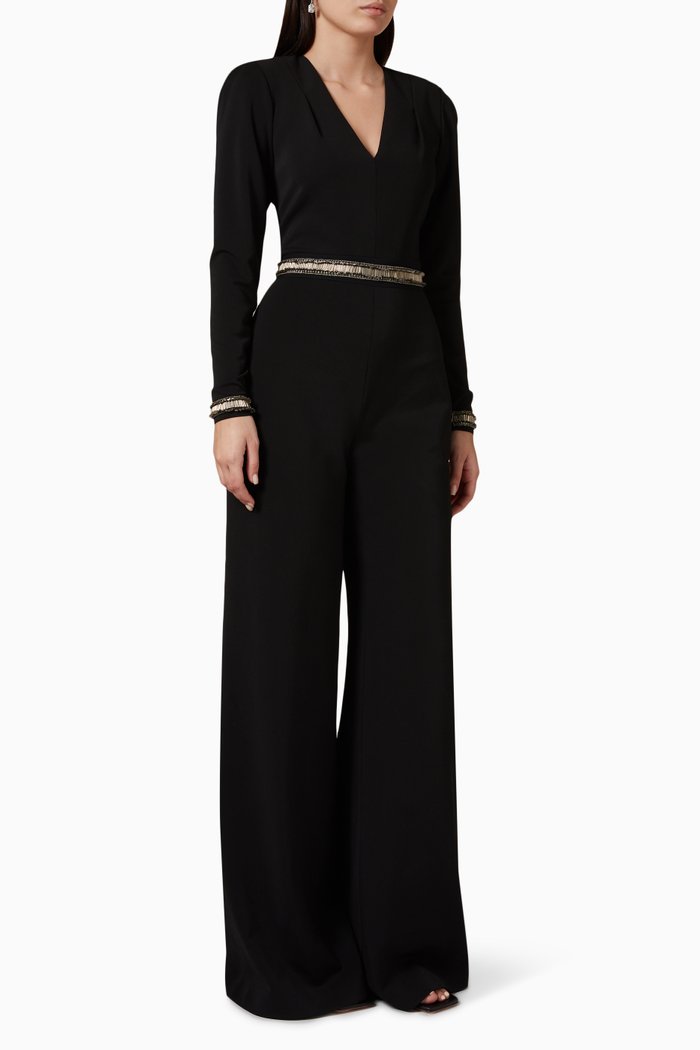 

Embroidered Long Sleeve Jumpsuit in Jersey, Black