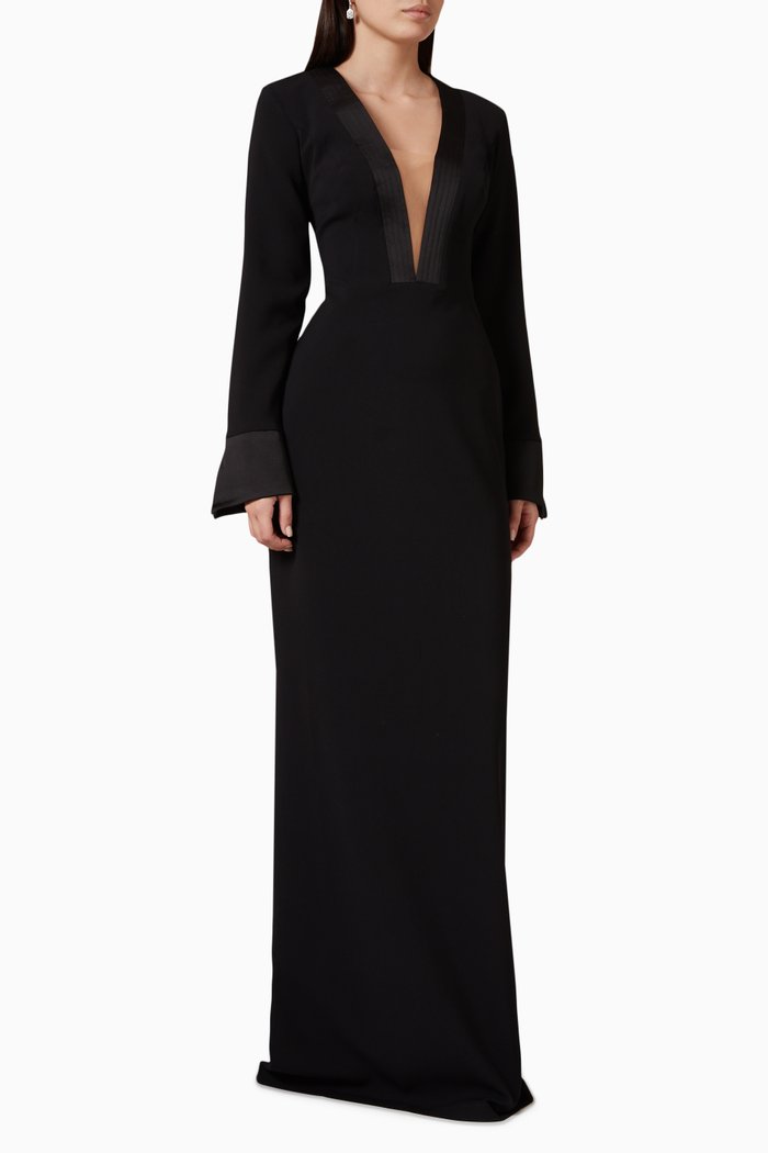 

Plunging V-neck Maxi Dress in Crepe, Black