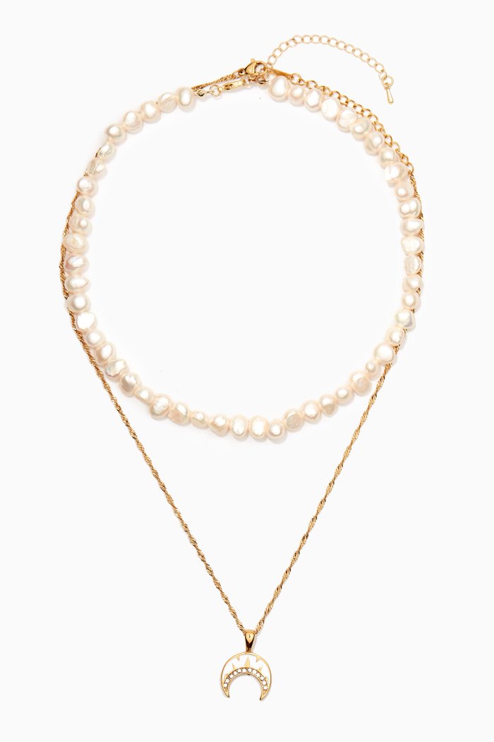 

Crescent Layered Pearl Necklace in Tarnish-free stainless steel, Gold