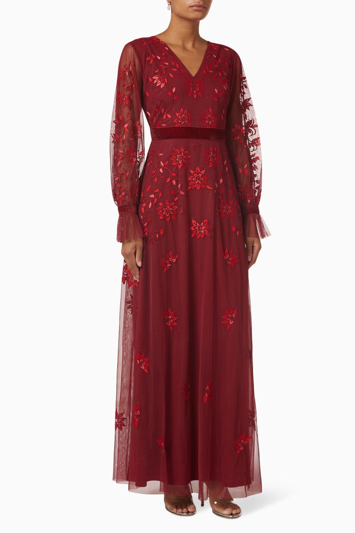 Floral Embroidered Gown in Mesh, Red
