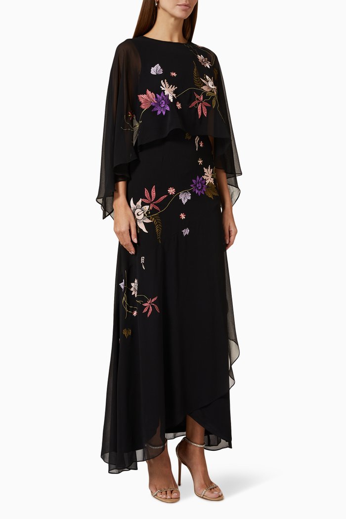 

Floral Embroidered Maxi Dress in Tulle, Black