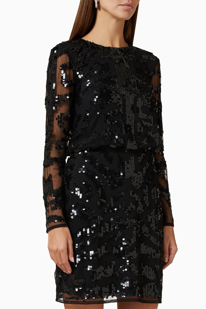 

Embroidered Mini Dress in Sequin Tulle, Black