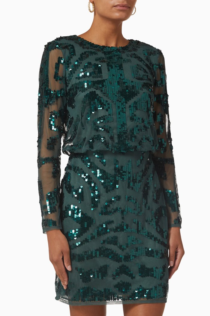 

Embroidered Mini Dress in Sequin Tulle, Green