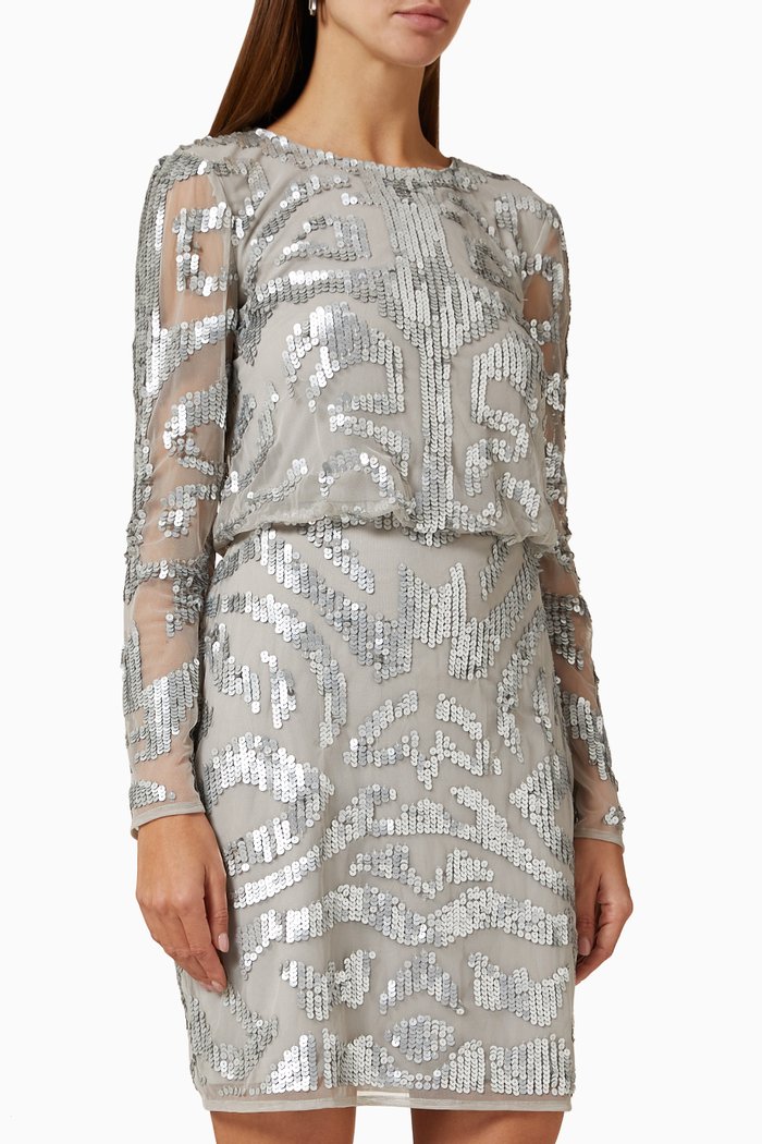 

Embroidered Mini Dress in Sequin Tulle, Grey