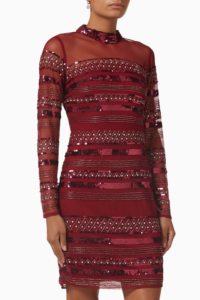 

Embroidered Mini Dress in Beaded Tulle, Red