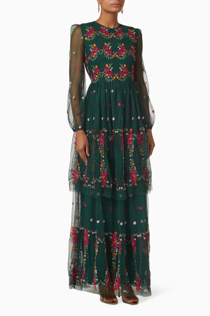 

Floral Tiered Gown in Mesh, Green