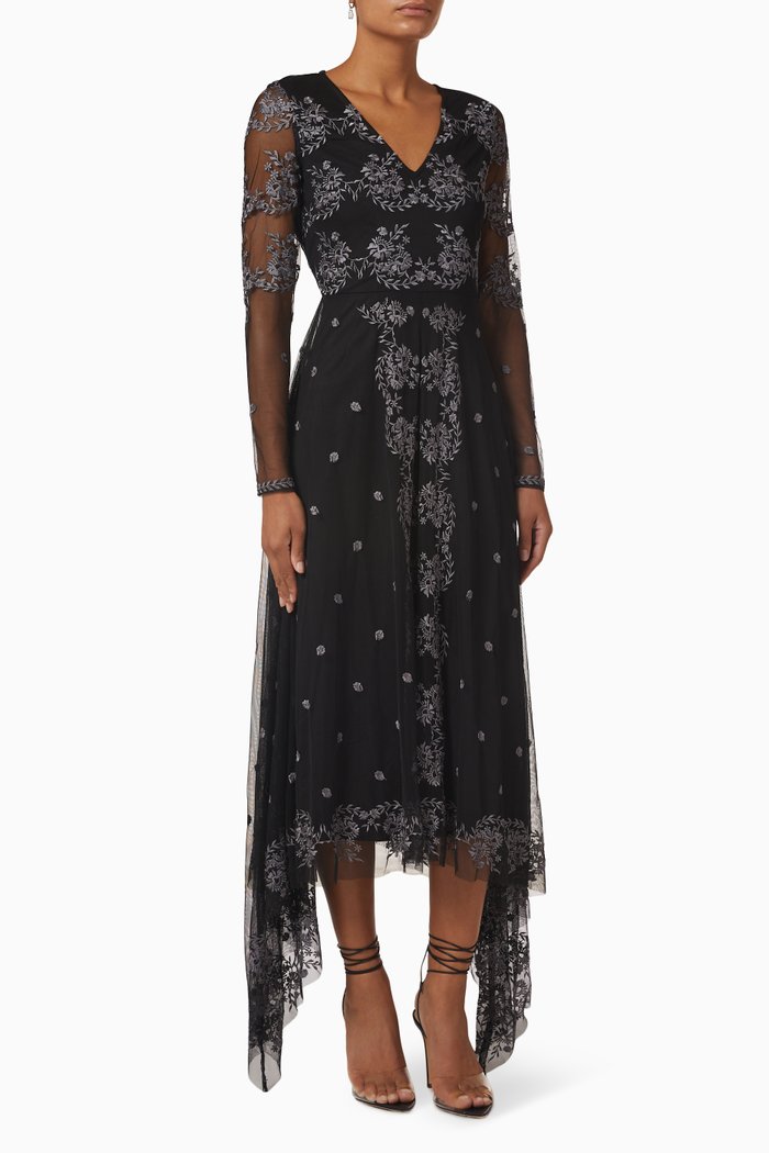 

Floral Embroidered Dress in Tulle, Black