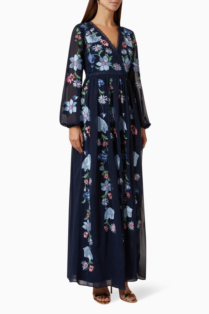 

Floral Embroidered Maxi Dress in Tulle, Blue