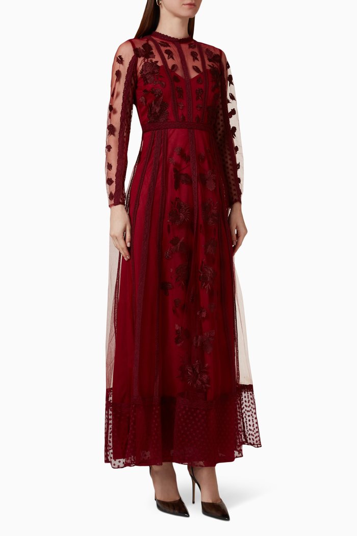 

Embroidered Maxi Dress in Tulle, Red