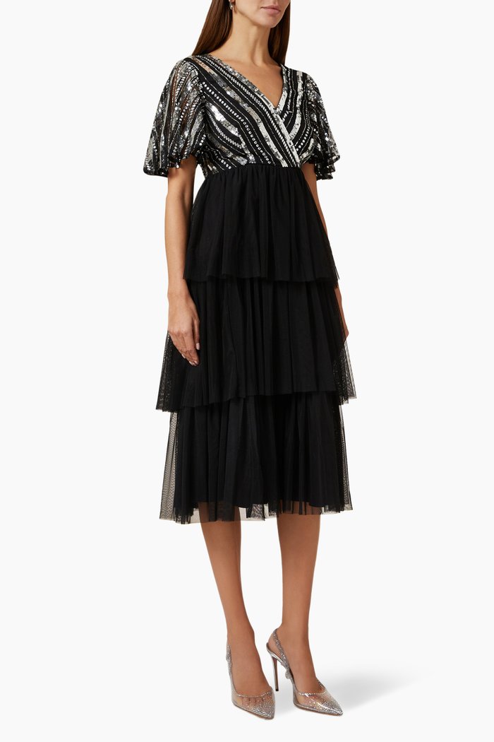 

Sequined Midi Dress in Tulle, Black