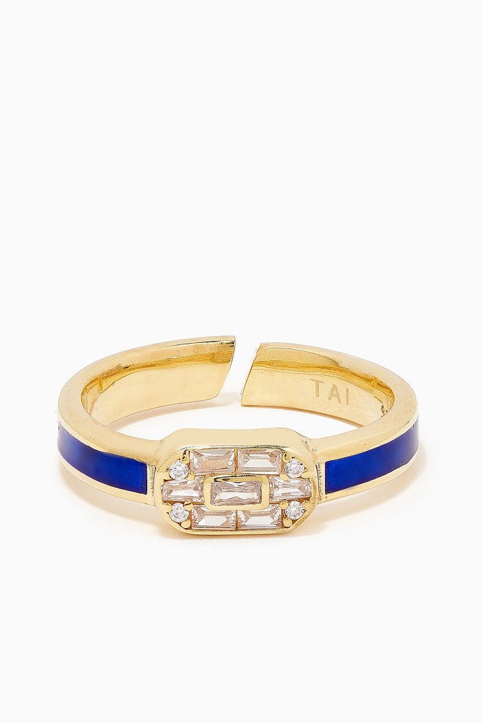 

Baguette-cut CZ & Enamel Open Ring in Gold-plated Brass, Blue