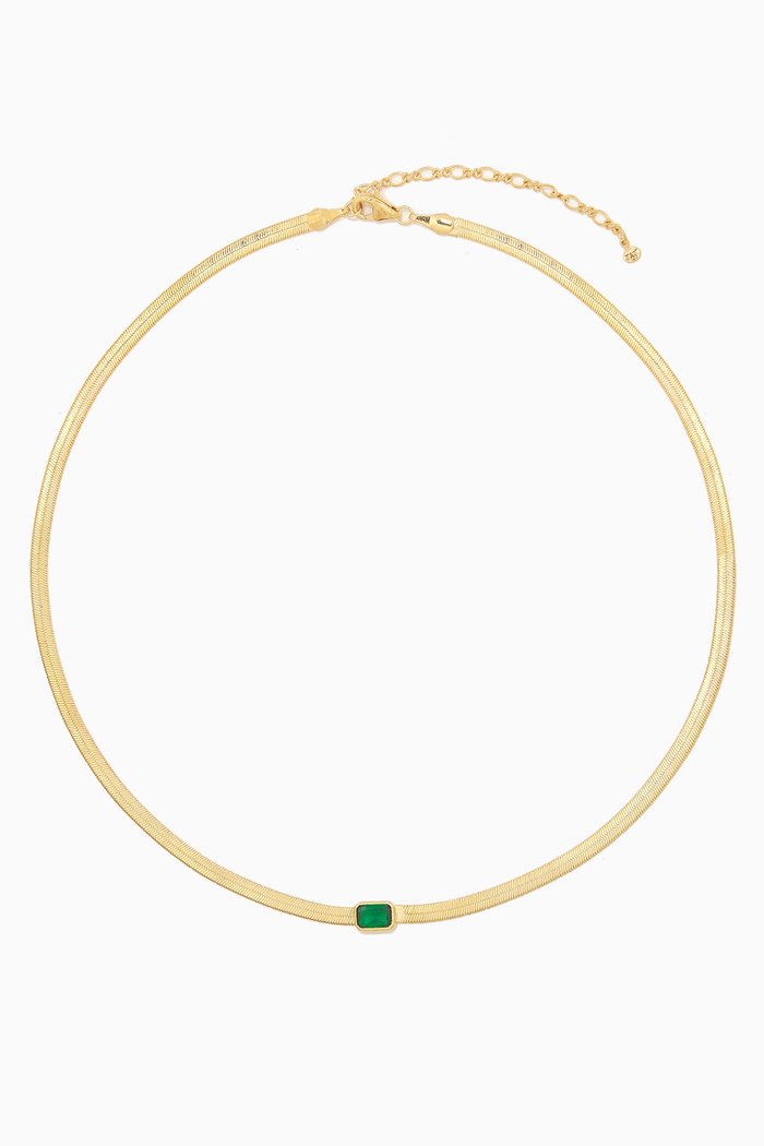 

CZ Herringbone Chain Necklace in Gold-plated Brass, Green