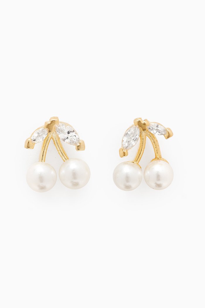 

CZ & Pearl Cherry Stud Earrings in Gold-plated Brass, White