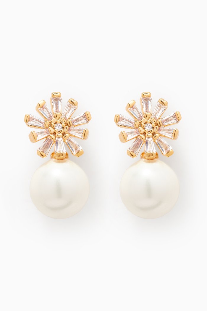 

CZ Flower Pearl Drop Earrings in Gold-plated Brass, White