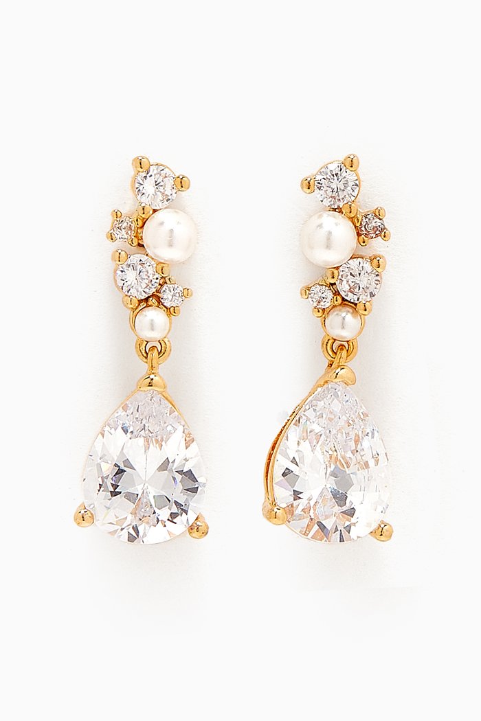 CZ & Pearl Cluster Dangle Earrings in Gold-plated Brass