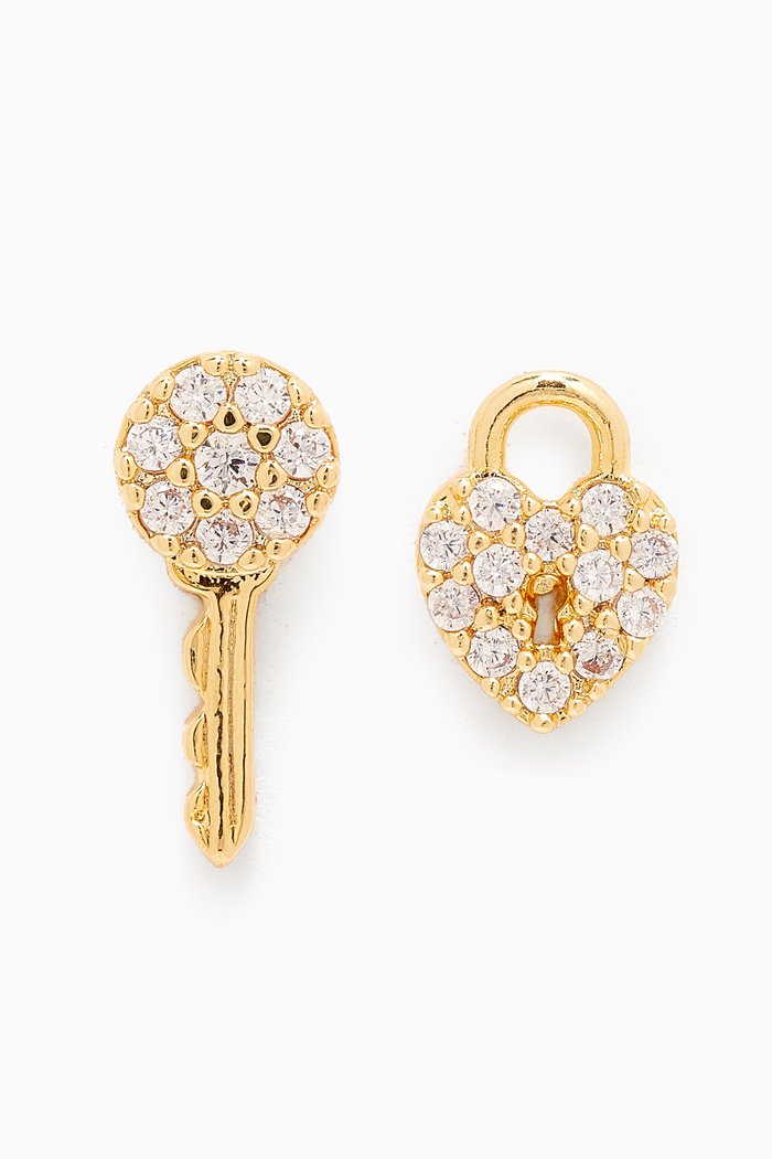 

CZ Heart Lock & Key Stud Earrings in Gold-plated Brass