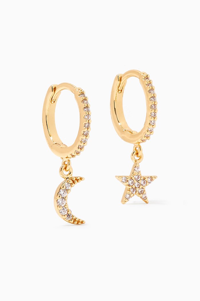 

CZ Pavé Star & Moon Huggie Earrings in Gold-plated Brass
