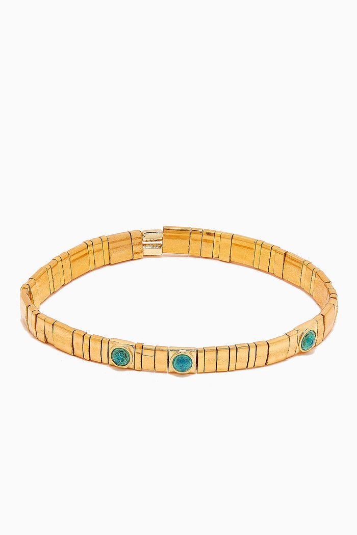 Handmade Tila Bead Bracelet in Gold-plated Brass, Green