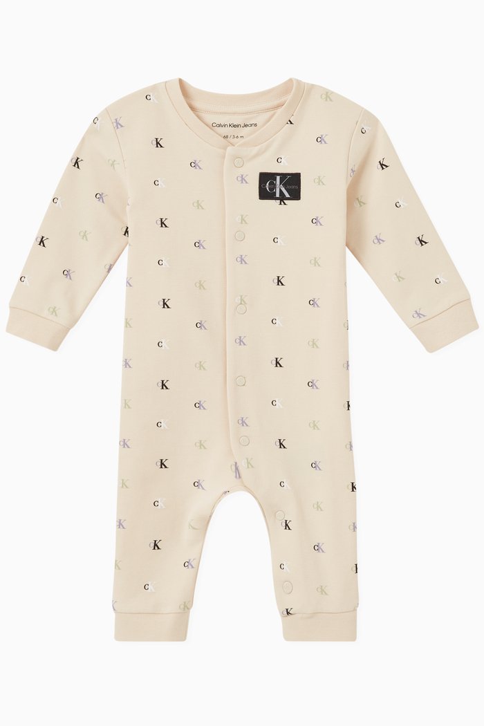 

All-over Monogram-print Romper in Stretch Cotton-jersey, Neutral