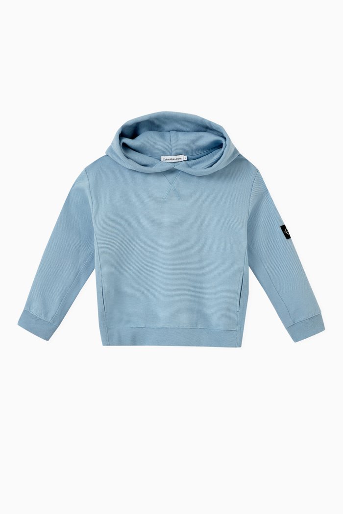 

Logo Badge Textured Hoodie in Organic Cotton, Blue