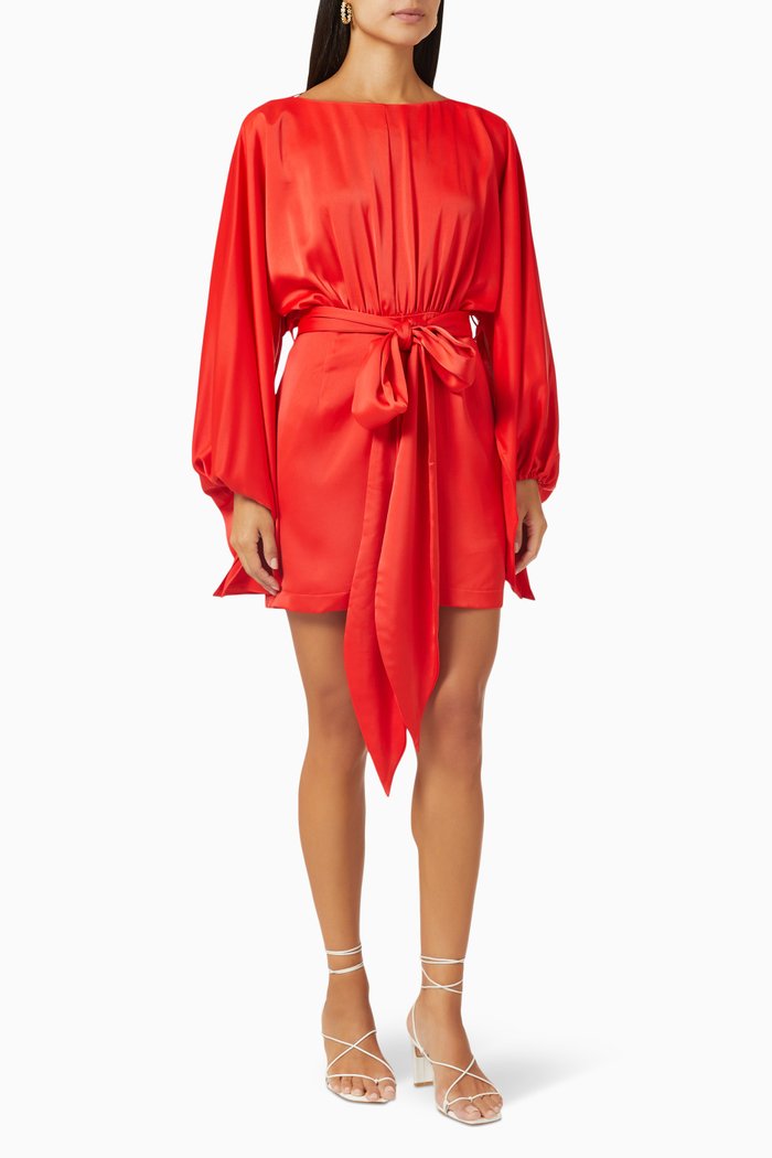 

Mila Drape Mini Dress in Satin, Red
