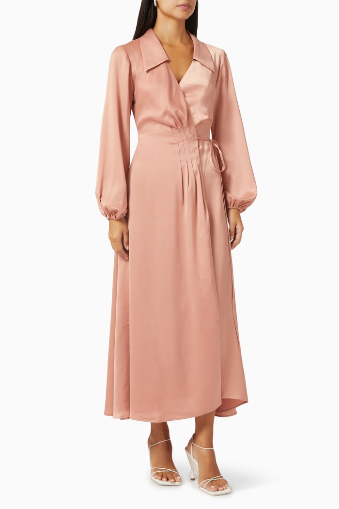 

Mara Wrap Midi Dress in Satin, Pink
