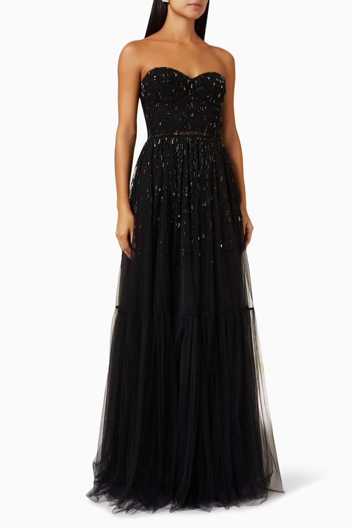 

Strapless Sequin Gown in Tulle, Black