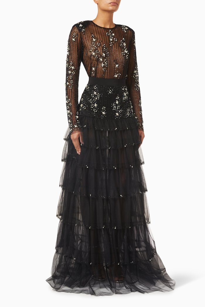 

Embellished Gown in Tulle & Jersey, Black