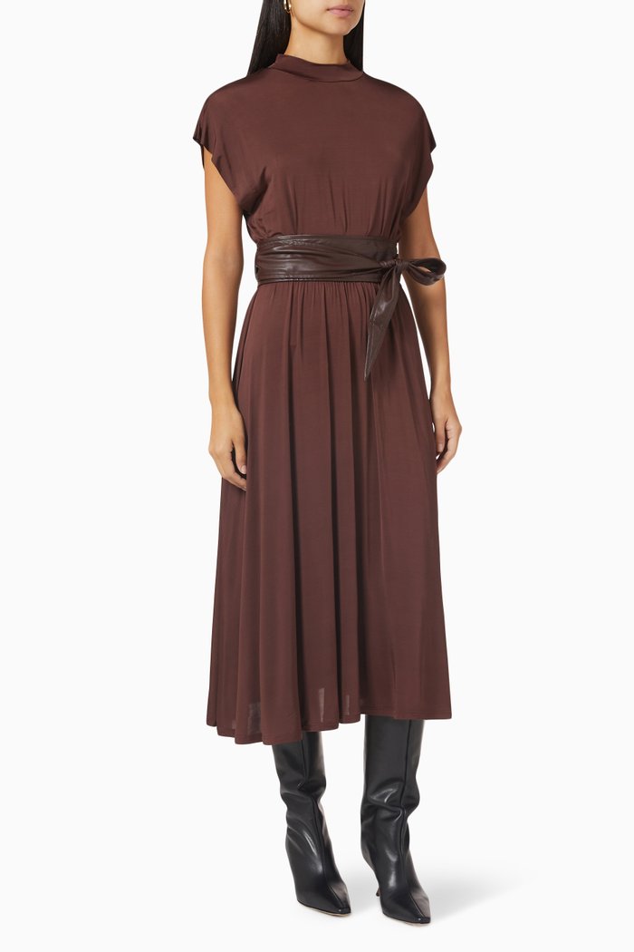 

Pagoda Belted Midi Dress in Viscose-jersey, Brown