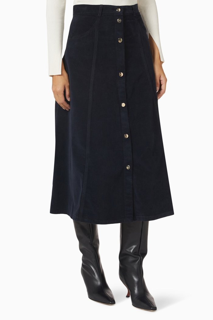

Glamis Buttoned Midi Skirt in Velvet, Blue