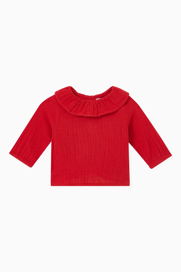 

Ruffled Collar Blouse in Cotton Gauze, Red