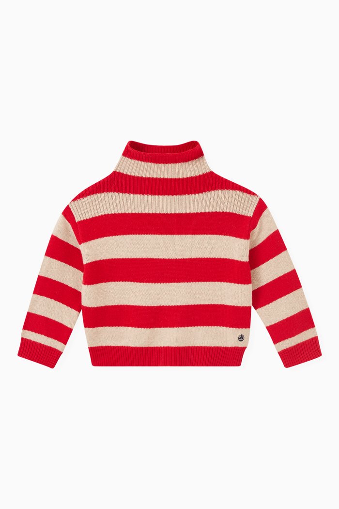 

Striped Sweater in Wool & Cotton, Red