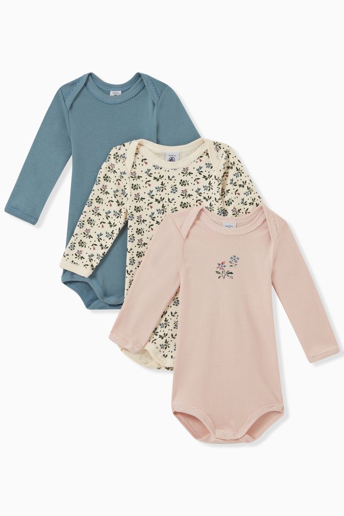 

Long Sleeve Bodysuit in Cotton, Set of 3, Multicolour