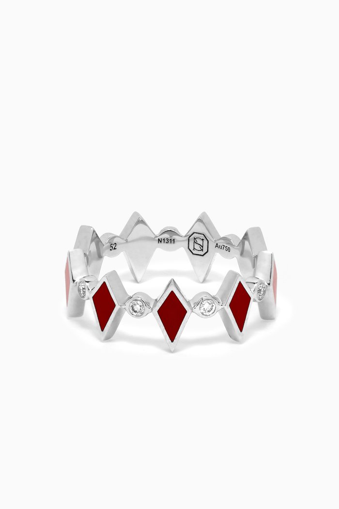 

Mosaic Diamonds & Enamel Ring in 18kt White Gold, Red