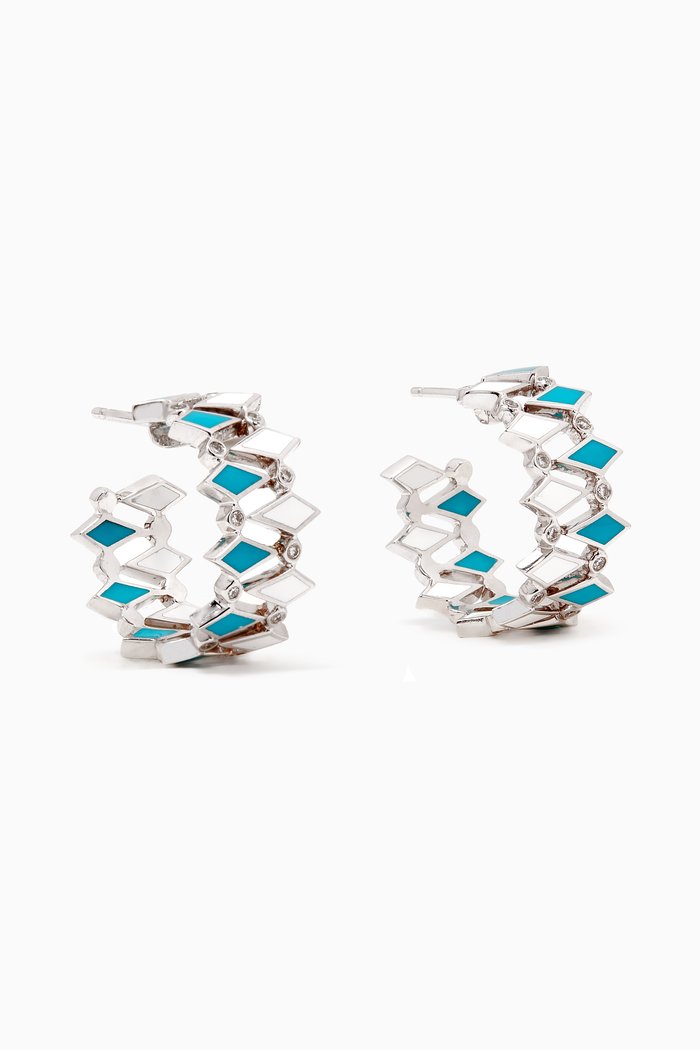

Mosaic Diamond & Enamel Double Hoops in 18kt White Gold, Blue