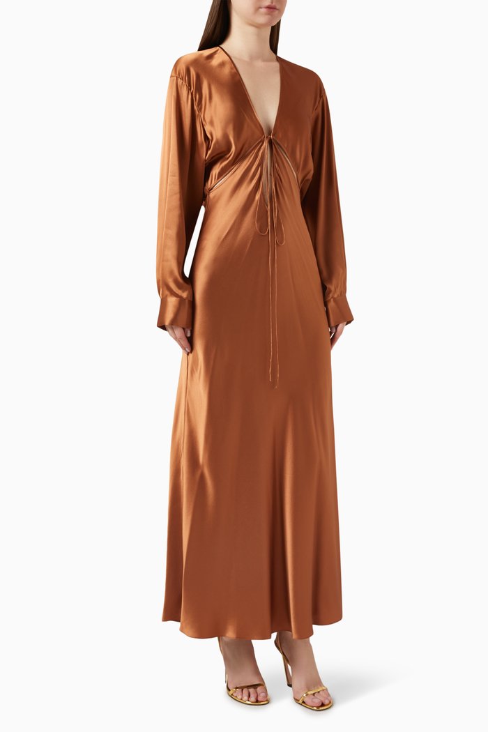 

Triquetra Front-tie Maxi Dress in Silk-satin, Brown