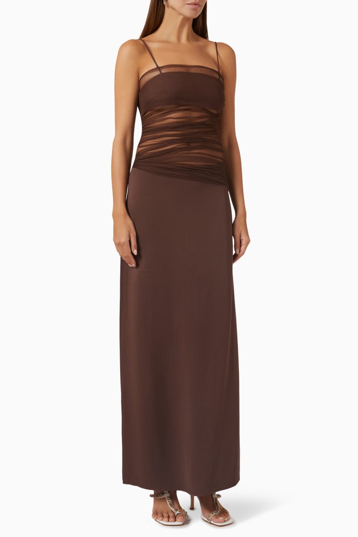 

Contrast Sheer Panel Maxi Dress in Silk & Tulle, Brown