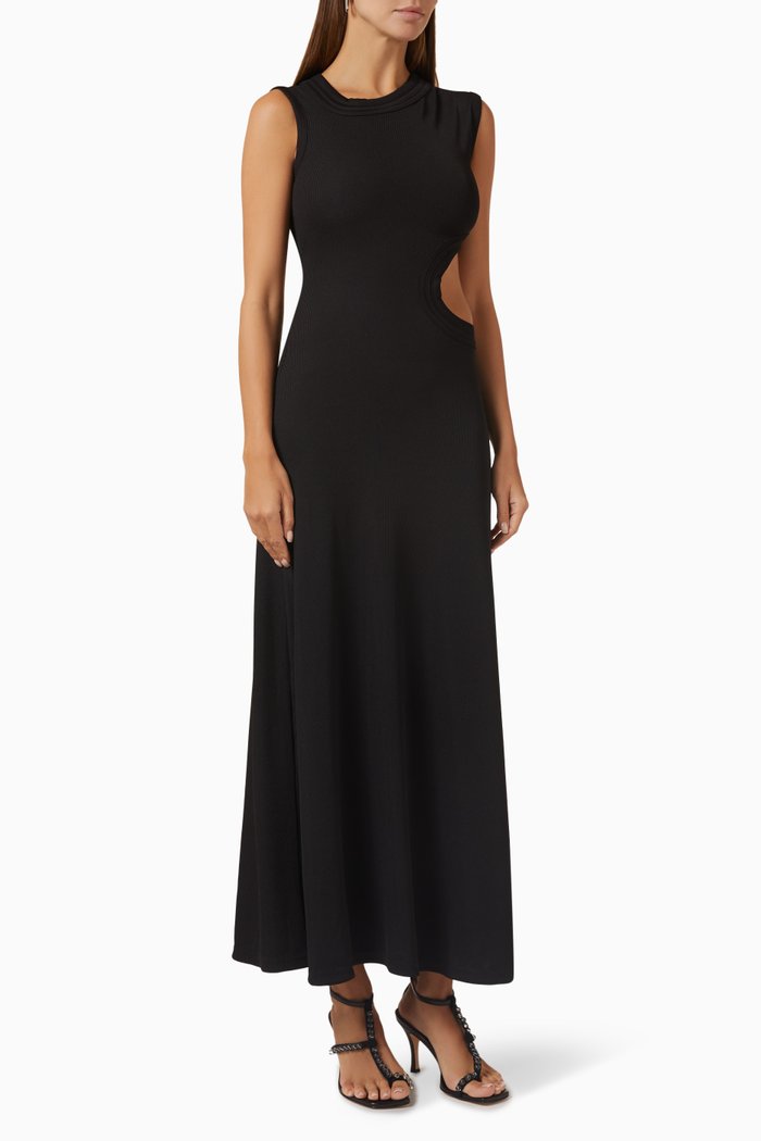 

Skewed-neck Ribbed Maxi Dress in Stretch-jersey, Black